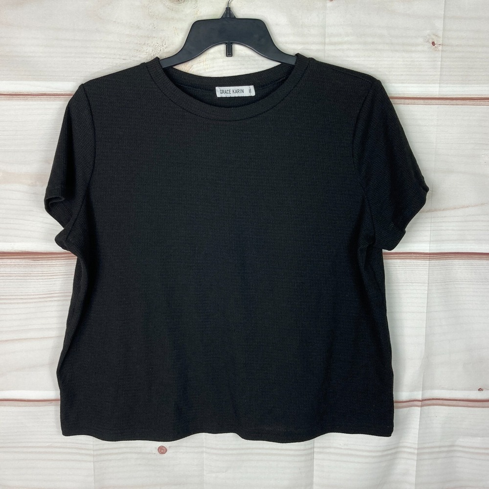 Grace Karin Top Womens 2XL Black Waffle Knit T-Shirt Short Sleeve Crew Neck